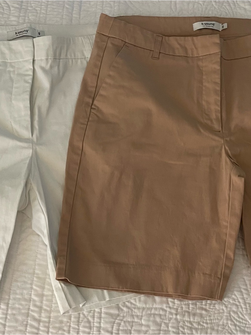 Two pairs of shorts - White and brown high-waist tailored shorts - sold as pair
